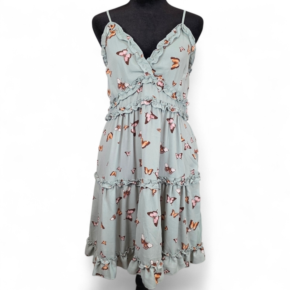 Butterfly Print Ruffle Tiered Mini Dress Sage Green Cami Strap Boho Size Medium